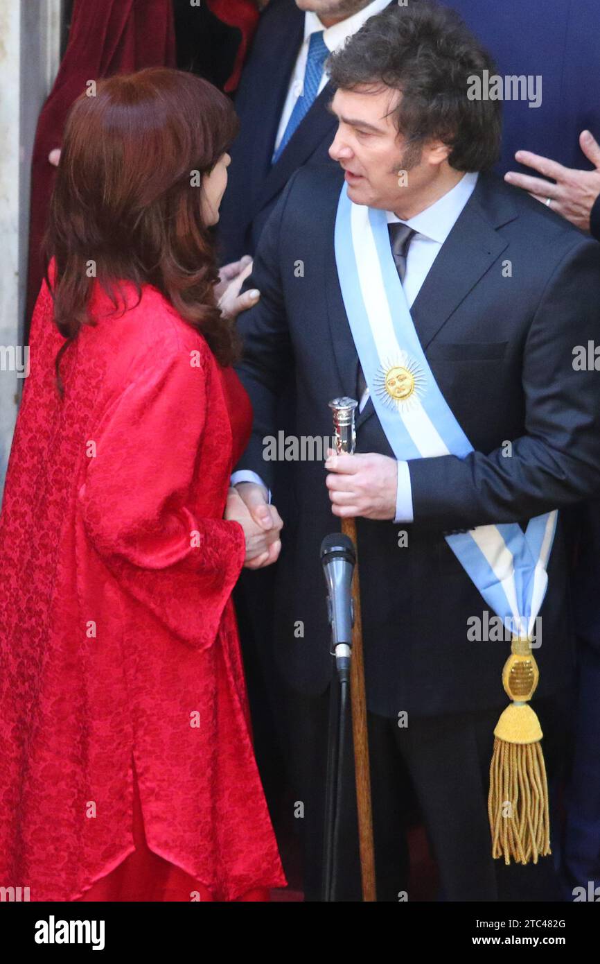 Buenos Aires, Argentina. 10th Dec, 2023. Javier Milei receives the presidential baton and sash from Alberto Fernandez at National Congress ( Credit: Néstor J. Beremblum/Alamy Live News Stock Photo