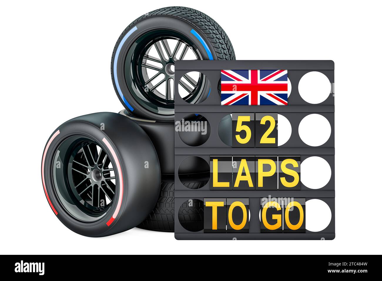 British racing, pit board with flag of the United Kingdom and racing wheels with different compounds type tyres. 3D rendering isolated on white backgr Stock Photo