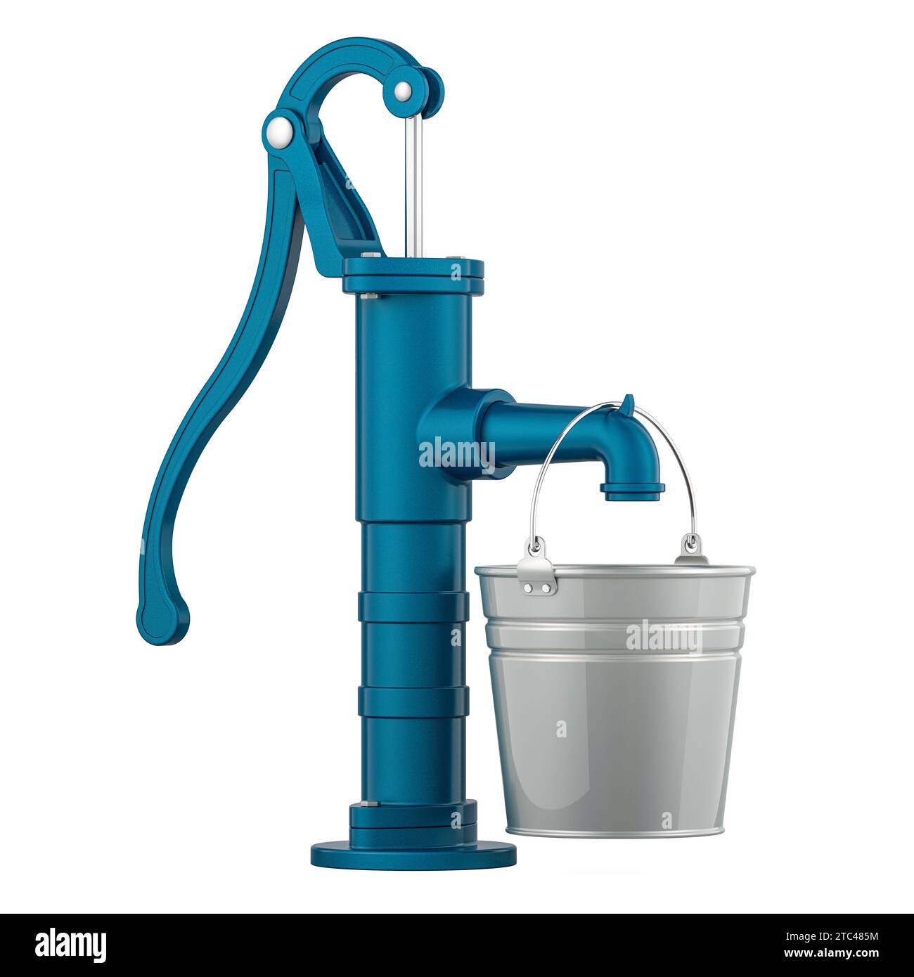 Retro hand water pump with galvanized bucket. 3D rendering isolated on