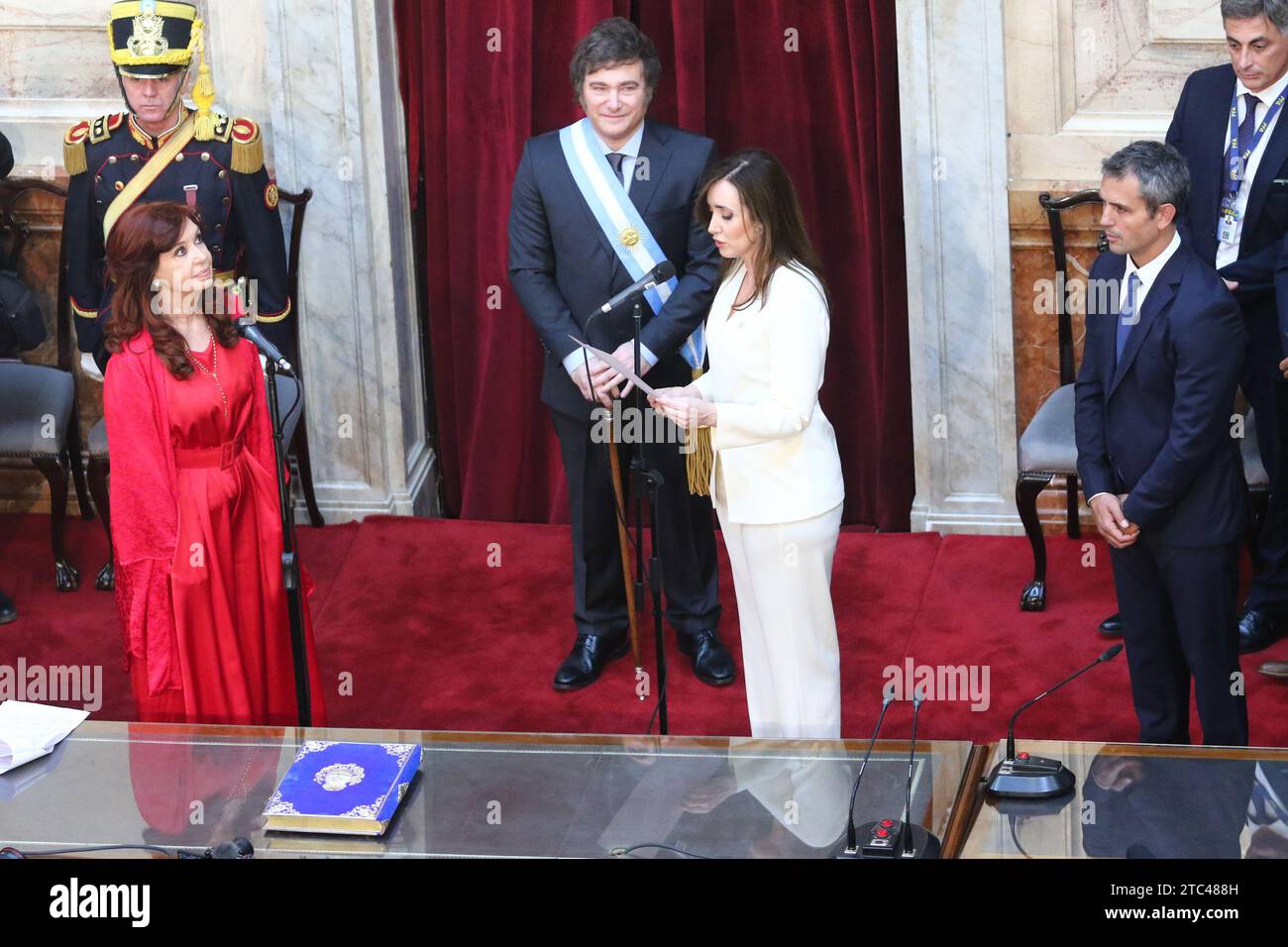 Buenos Aires, Argentina. 10th Dec, 2023. Javier Milei receives the presidential baton and sash from Alberto Fernandez at National Congress ( Credit: Néstor J. Beremblum/Alamy Live News Stock Photo