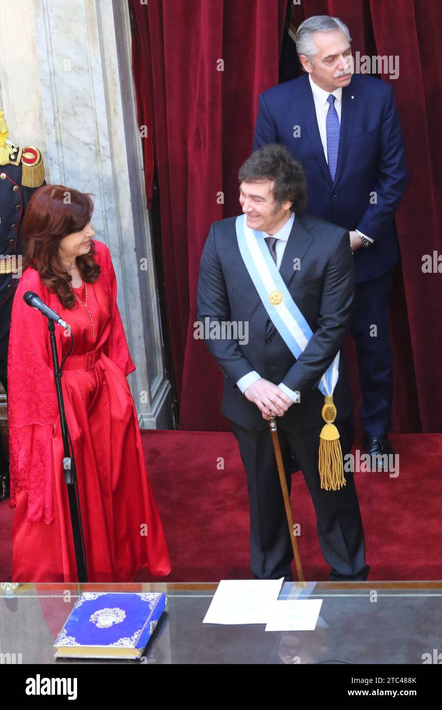 Buenos Aires, Argentina. 10th Dec, 2023. Javier Milei receives the presidential baton and sash from Alberto Fernandez at National Congress ( Credit: Néstor J. Beremblum/Alamy Live News Stock Photo