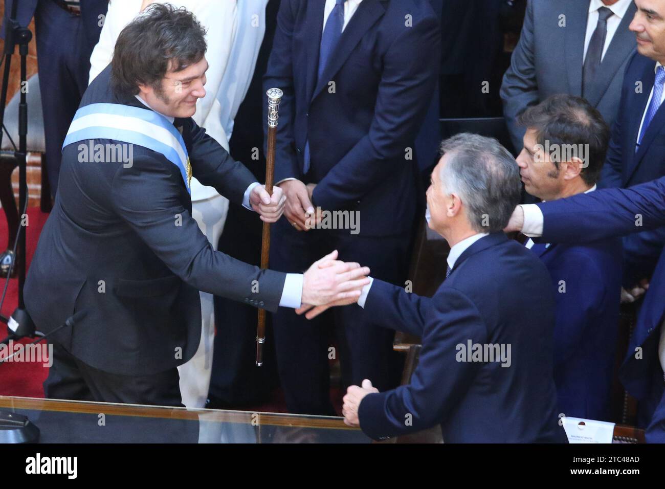 Buenos Aires, Argentina. 10th Dec, 2023. Javier Milei receives the presidential baton and sash from Alberto Fernandez at National Congress ( Credit: Néstor J. Beremblum/Alamy Live News Stock Photo