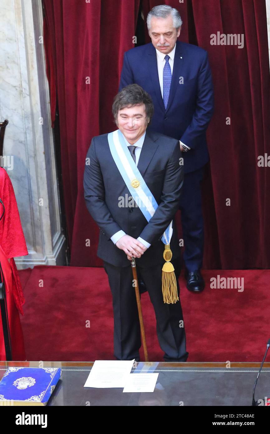 Buenos Aires, Argentina. 10th Dec, 2023. Javier Milei receives the presidential baton and sash from Alberto Fernandez at National Congress ( Credit: Néstor J. Beremblum/Alamy Live News Stock Photo