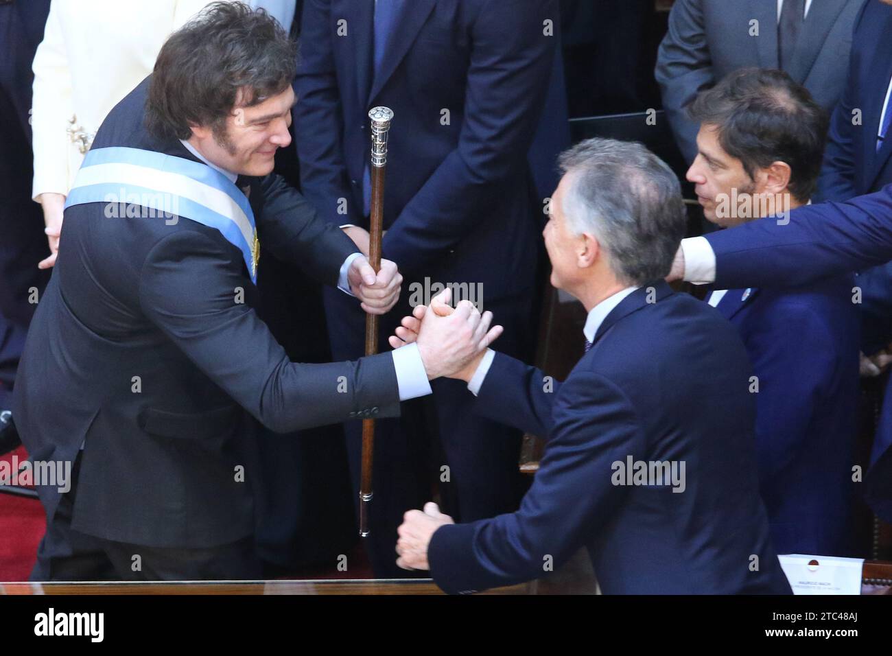 Buenos Aires, Argentina. 10th Dec, 2023. Javier Milei receives the presidential baton and sash from Alberto Fernandez at National Congress ( Credit: Néstor J. Beremblum/Alamy Live News Stock Photo