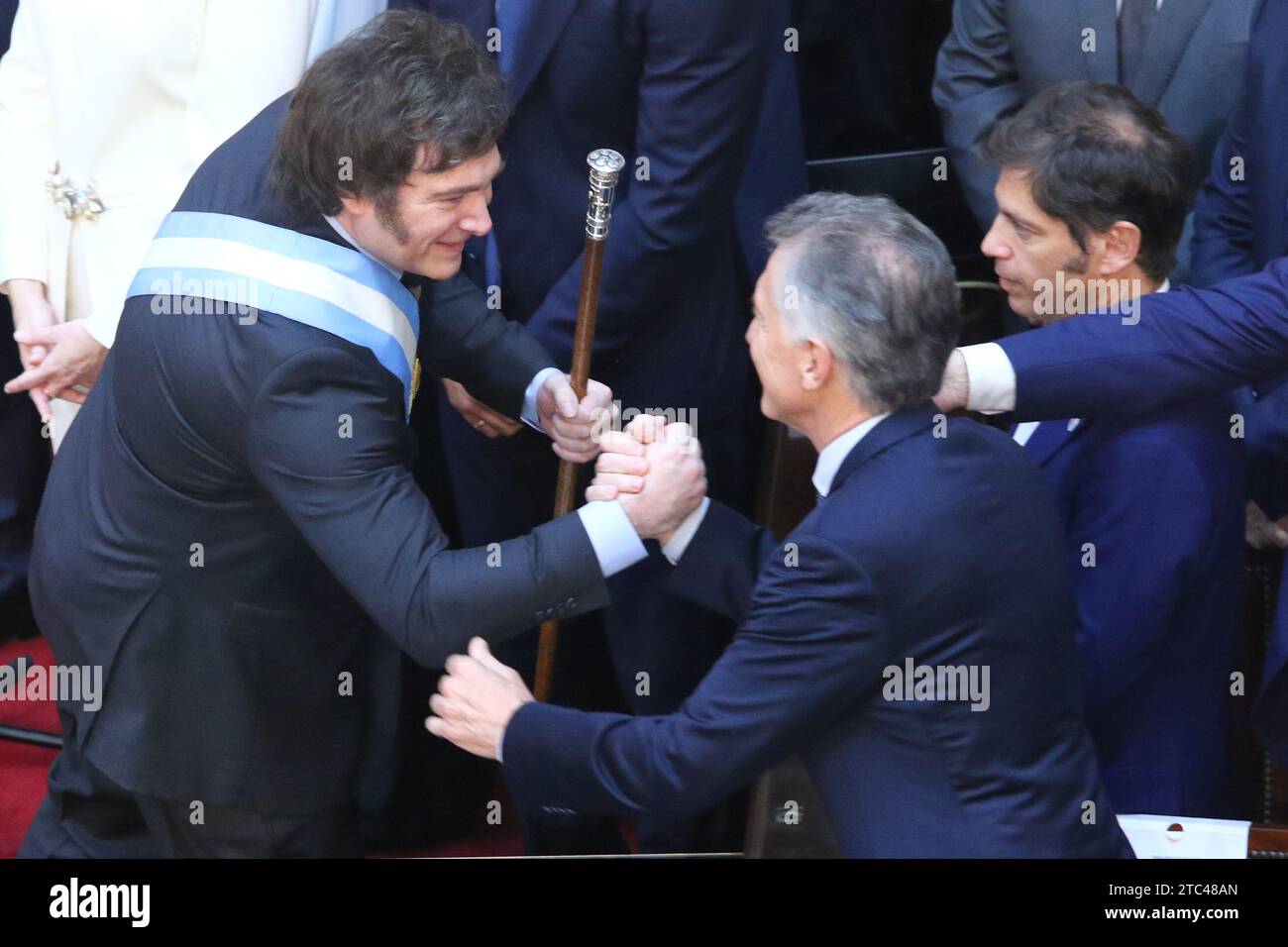 Buenos Aires, Argentina. 10th Dec, 2023. Javier Milei receives the presidential baton and sash from Alberto Fernandez at National Congress ( Credit: Néstor J. Beremblum/Alamy Live News Stock Photo