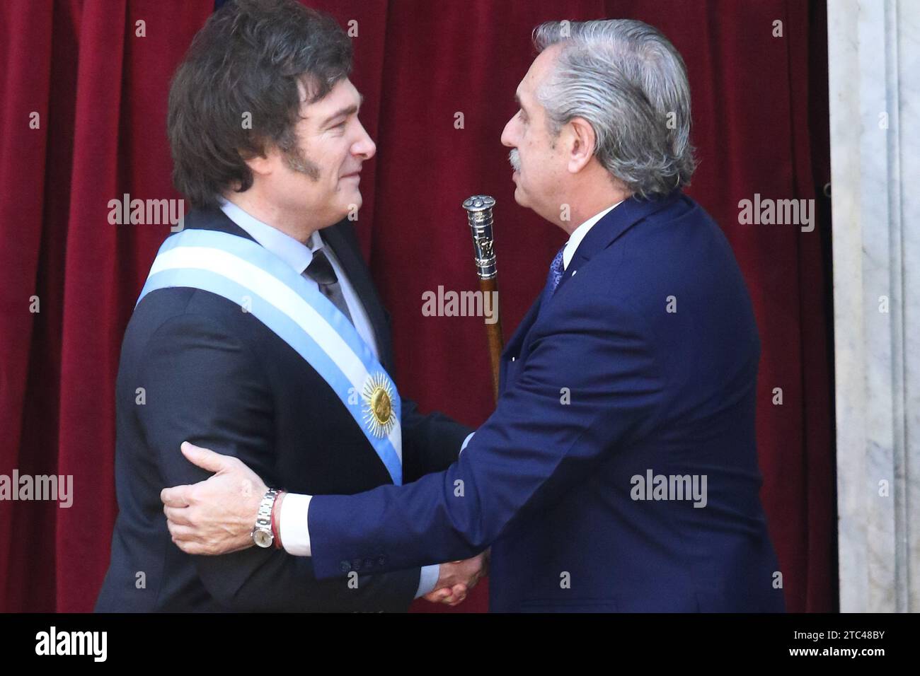 Buenos Aires, Argentina. 10th Dec, 2023. Javier Milei receives the presidential baton and sash from Alberto Fernandez at National Congress ( Credit: Néstor J. Beremblum/Alamy Live News Stock Photo