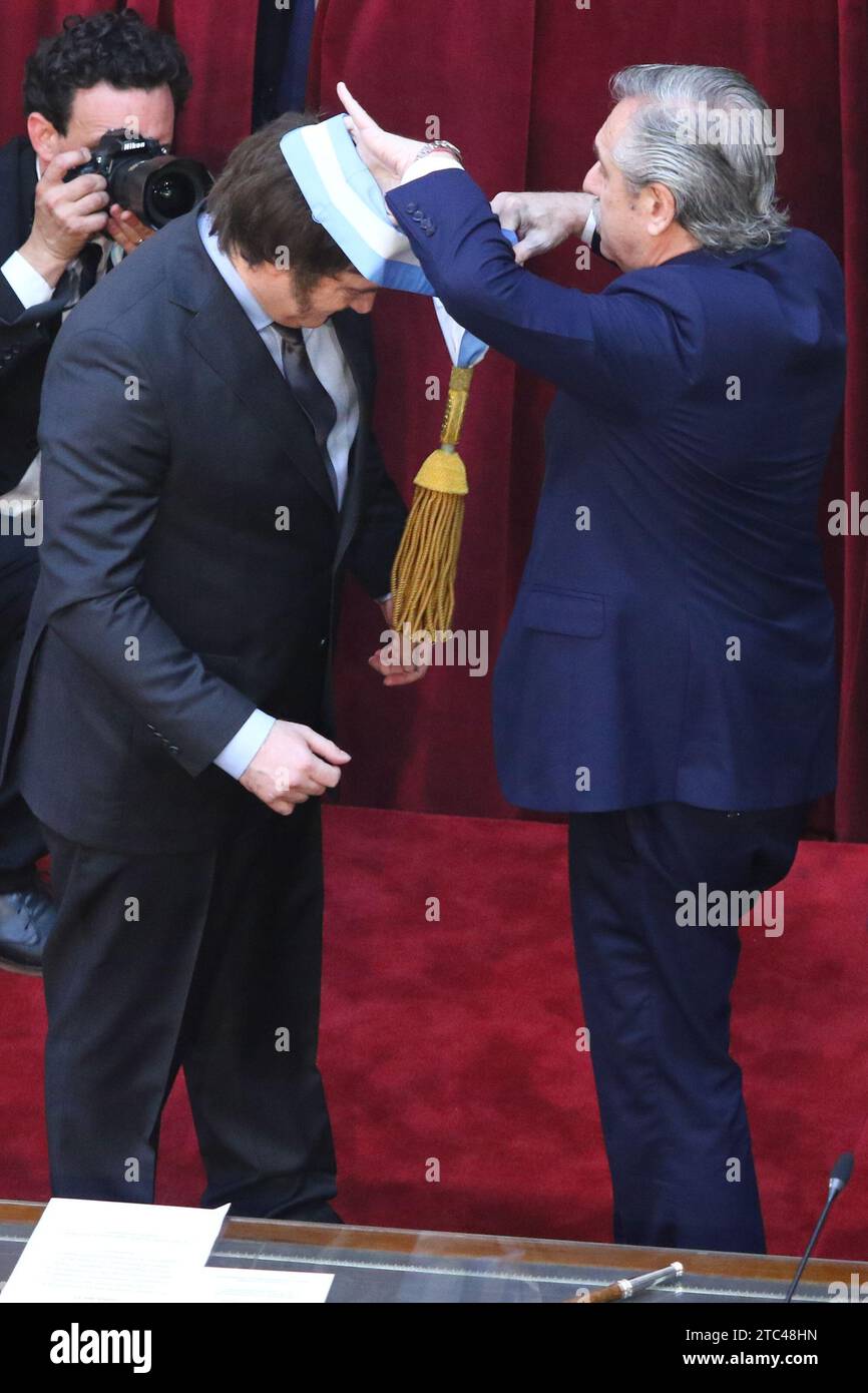 Buenos Aires, Argentina. 10th Dec, 2023. Javier Milei receives the presidential baton and sash from Alberto Fernandez at National Congress ( Credit: Néstor J. Beremblum/Alamy Live News Stock Photo