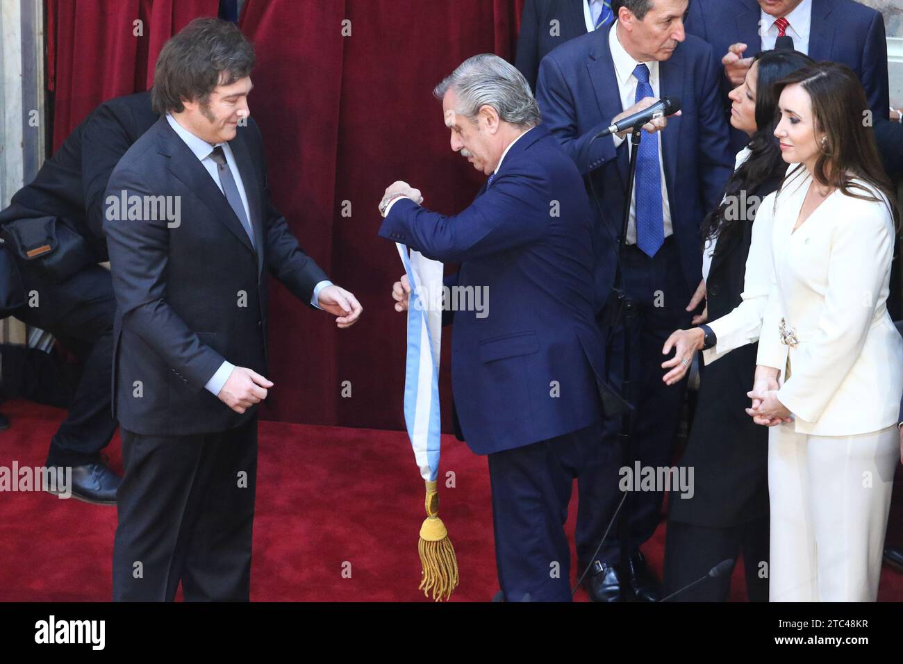 Buenos Aires, Argentina. 10th Dec, 2023. Javier Milei receives the presidential baton and sash from Alberto Fernandez at National Congress ( Credit: Néstor J. Beremblum/Alamy Live News Stock Photo