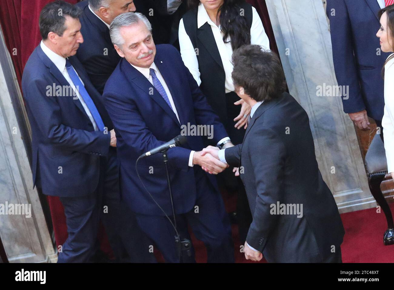 Buenos Aires, Argentina. 10th Dec, 2023. Javier Milei receives the presidential baton and sash from Alberto Fernandez at National Congress ( Credit: Néstor J. Beremblum/Alamy Live News Stock Photo