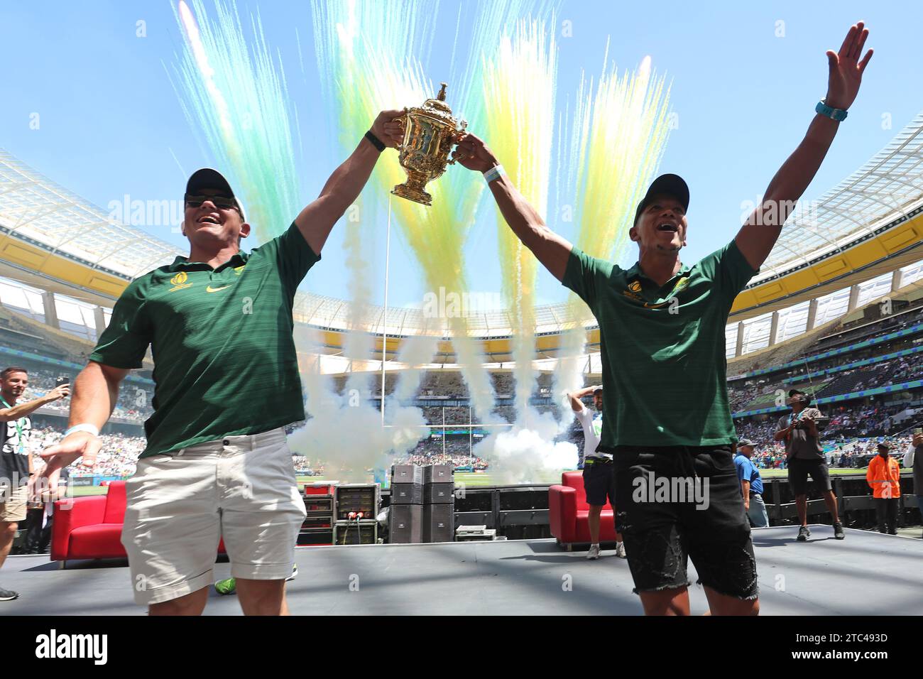 CAPE TOWN, SOUTH AFRICA - 10 DECEMBER 2023: South African Rugby World Cup winners Deon Fourie and Manie Labbok lift the Webb Ellis Cup during Day 2 of the 2023 HSBC Cape Town Sevens held at Cape Town Stadium in Cape Town, South Africa on 10 December 2023. Photo by Shaun Roy/Alamy Live News Stock Photo