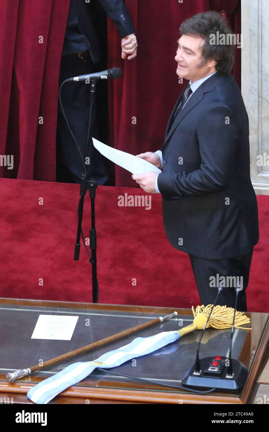 Buenos Aires, Argentina. 10th Dec, 2023. Javier Milei receives the presidential baton and sash from Alberto Fernandez at National Congress ( Credit: Néstor J. Beremblum/Alamy Live News Stock Photo