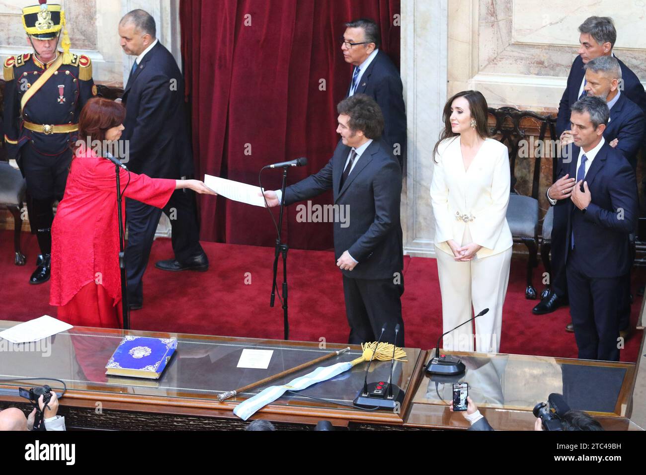 Buenos Aires, Argentina. 10th Dec, 2023. Javier Milei receives the presidential baton and sash from Alberto Fernandez at National Congress ( Credit: Néstor J. Beremblum/Alamy Live News Stock Photo