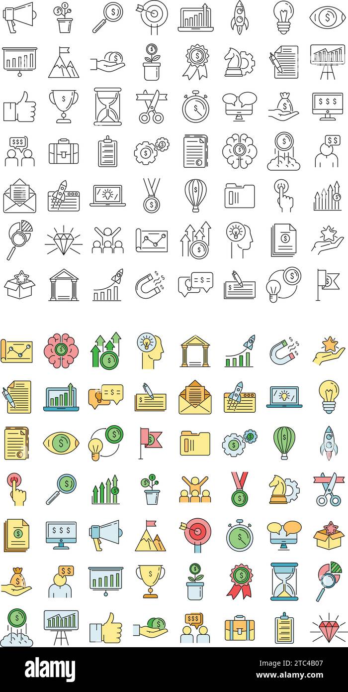 Startup icons set. Outline set of startup vector icons thin line color ...