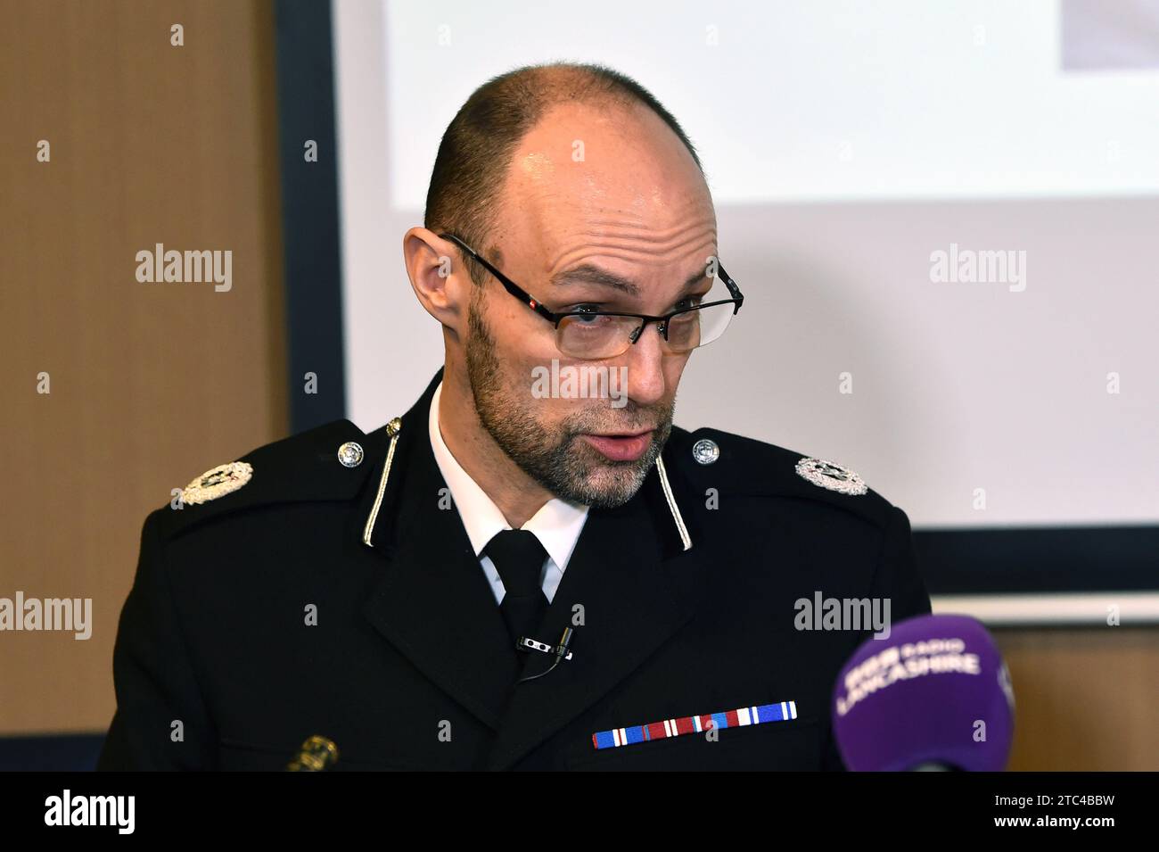 File photo dated 15/02/23 of Assistant Chief Constable Peter Lawson of Lancashire Police updating the media in St Michael's on Wyre, Lancashire, as police continue their search for Nicola Bulley. Mr Lawson has died suddenly at his home, aged 50. Issue date: Sunday December 10, 2023. Stock Photo