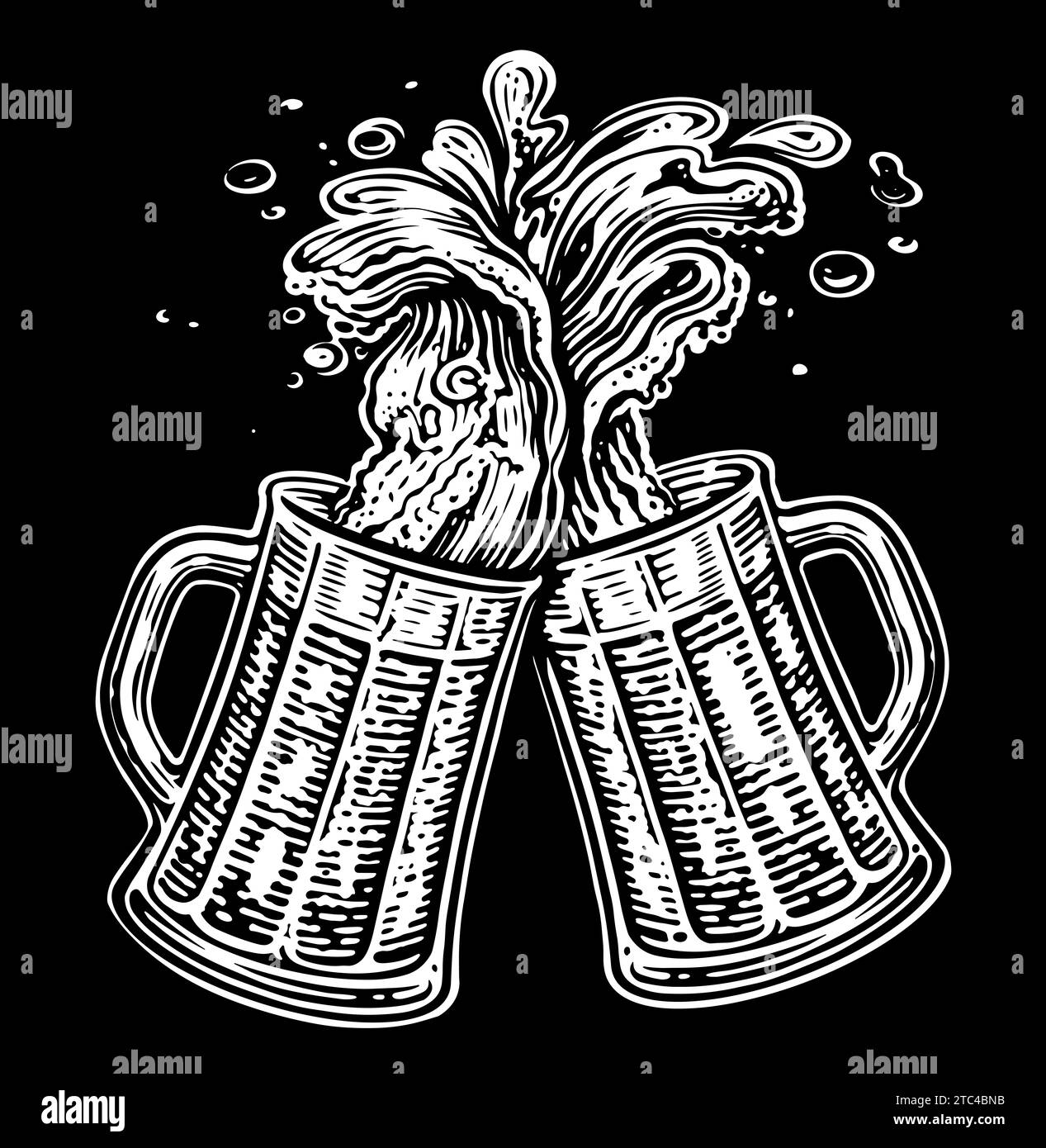 Two toasting mugs for brewery, pub, bar. Clinking glass tankards full of beer and splashed foam Stock Photo