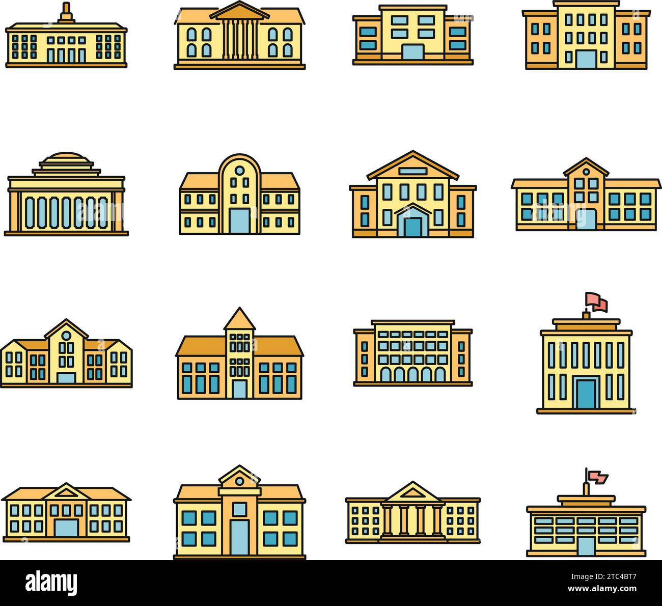 University campus icons set. Outline set of university campus vector icons thin line color flat on white Stock Vector