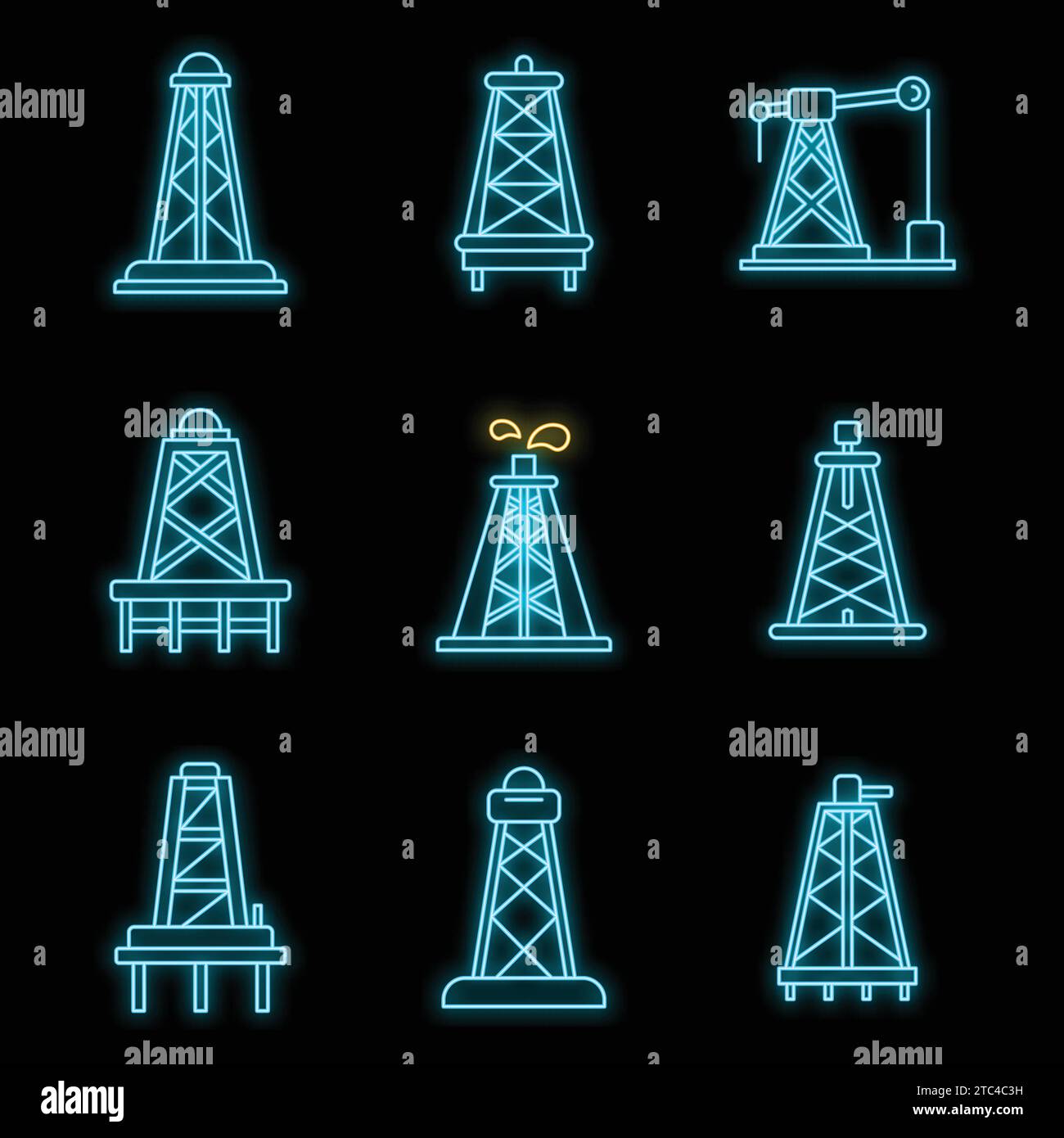 Derrick oil icons set. Outline set of derrick oil vector icons neon ...