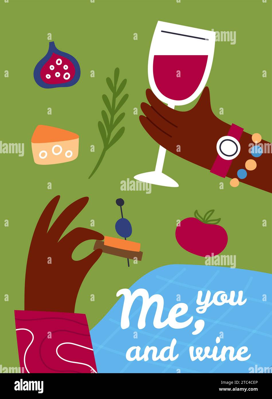 Cartoon wine card. Couple drinking grape alcohol. Summer picnic in park. Hands holding wineglass and snack. Romantic lunch. Cheese and fruit. Blanket Stock Vector