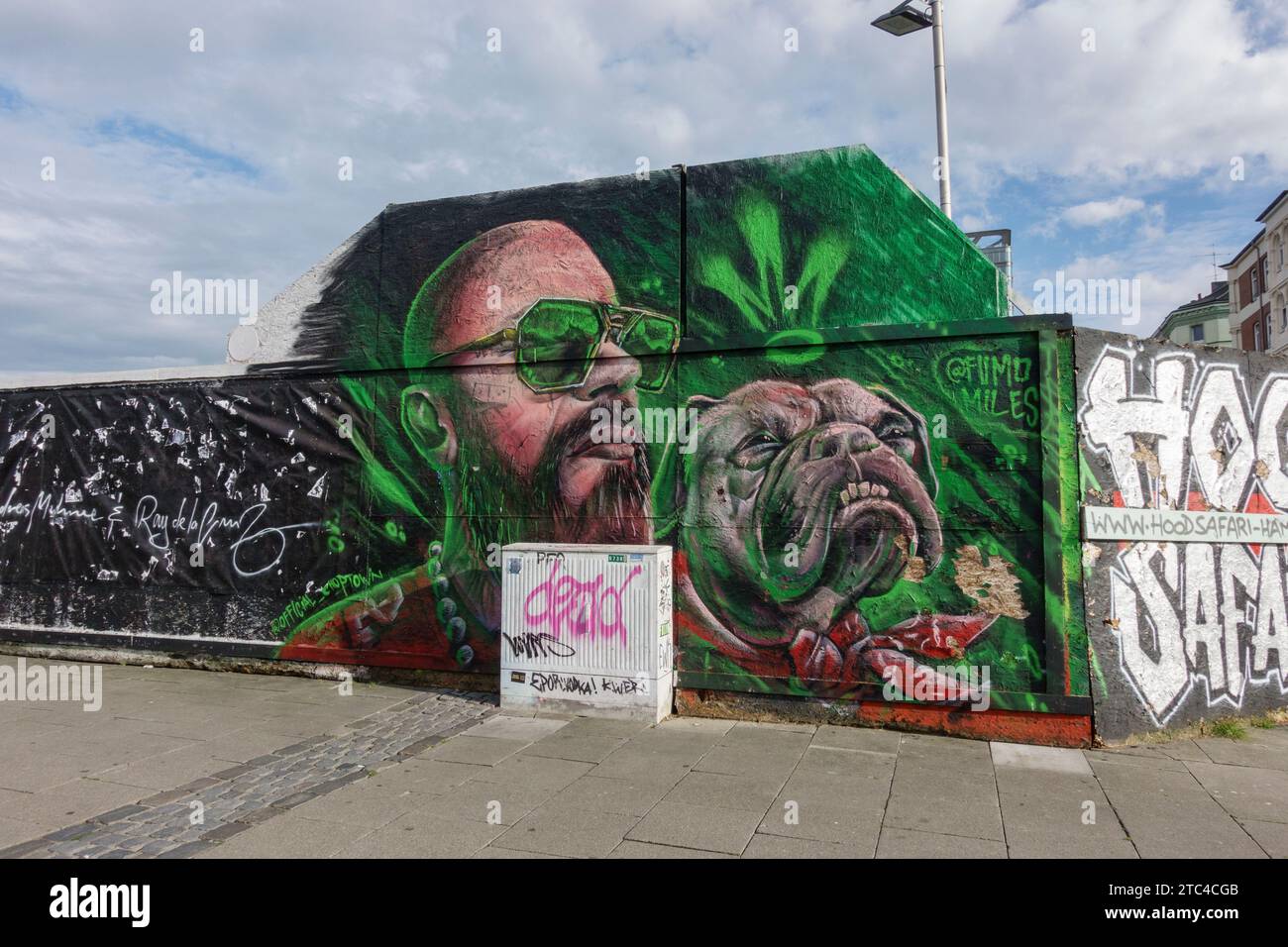 Colourful graffiti by Fumo Miles (@fumomiles) on a fence in the Spielbudenplatz (St Pauli) area of Hamburg, Germany. Stock Photo