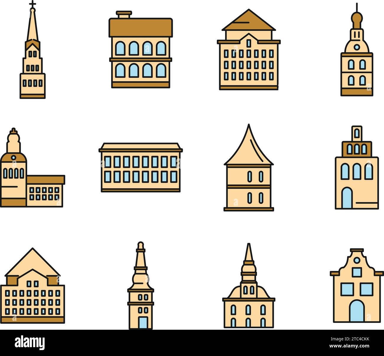 Riga Latvia icons set. Outline set of Riga Latvia vector icons thin line color flat on white Stock Vector