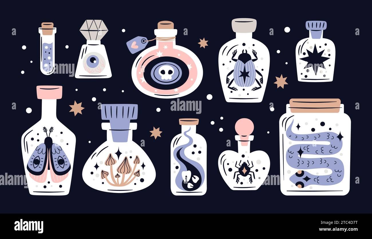 Cartoon potion bottles. Magic elixirs in different shapes flasks