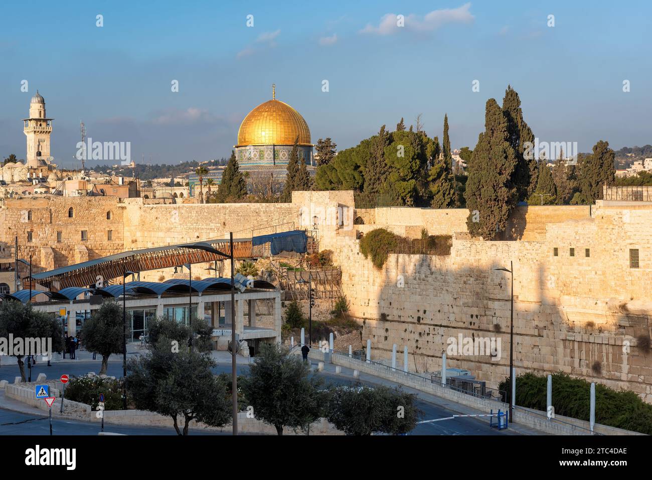 Western Wall and golden Dome of the Rock at sunset, Jerusalem, Israel. Stock Photo