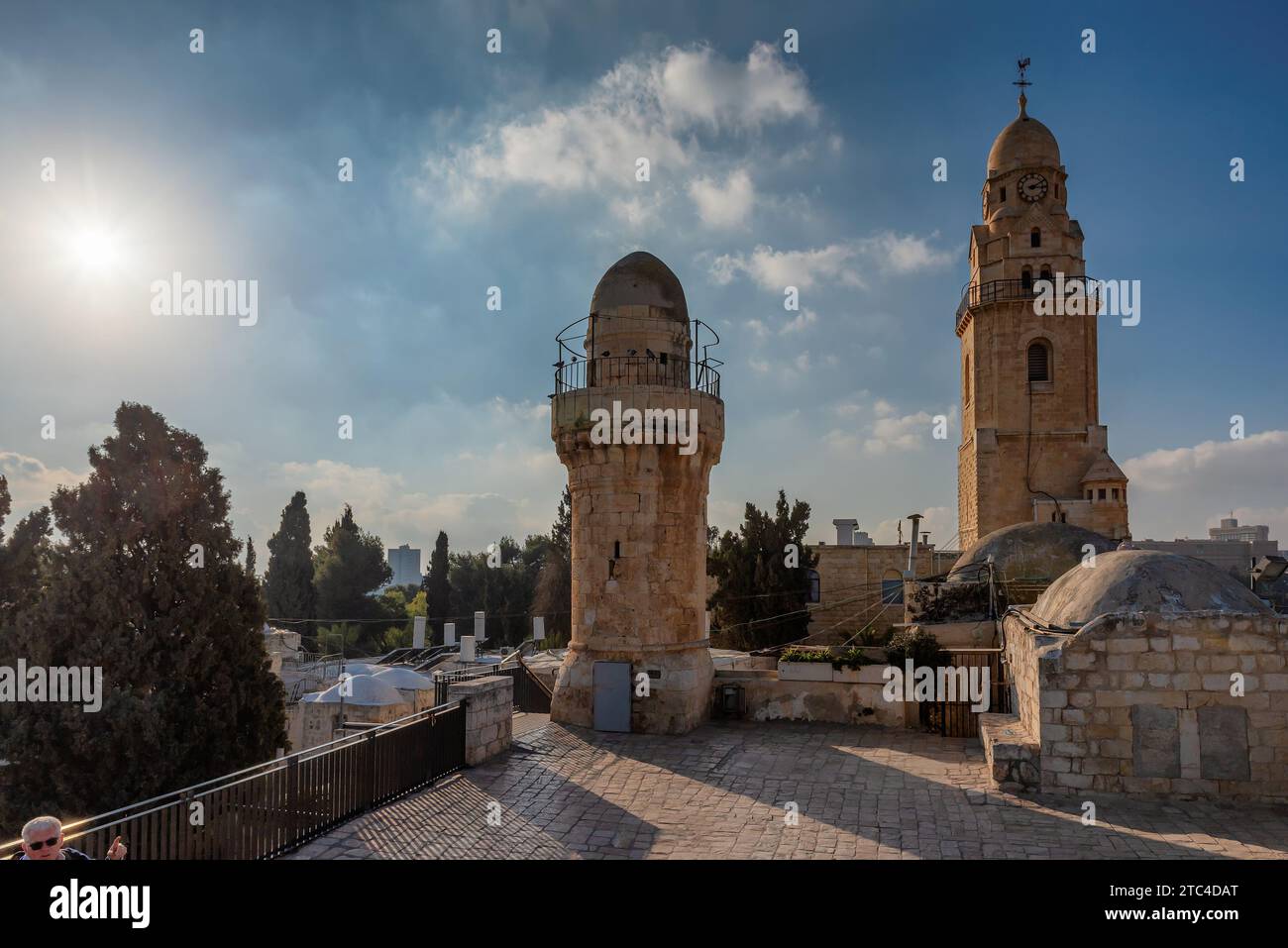 The bell towers in Dormition Abbey at sunset, near Zion Gate, Jerusalem Old City. Israel. Stock Photo