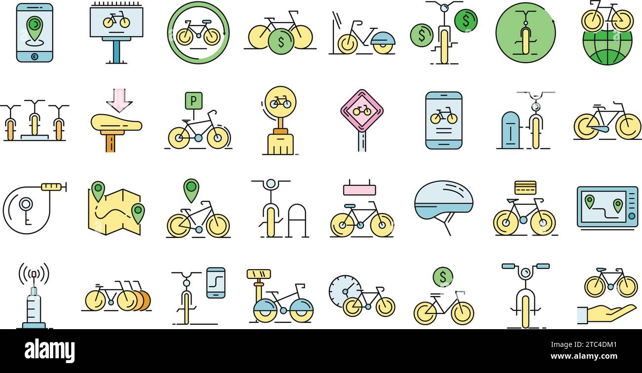 Rent a bike icons set. Outline set of rent a bike vector icons thin line color flat on white Stock Vector