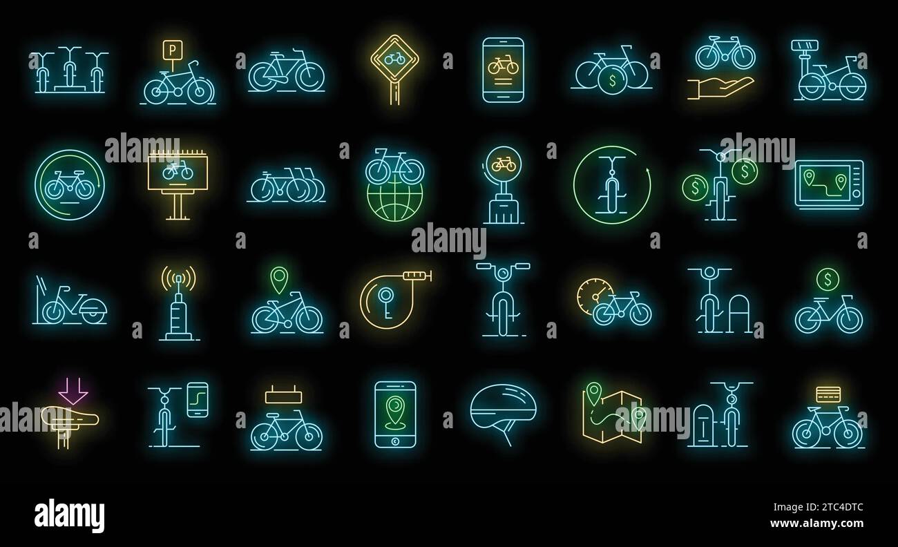 Rent a bike icons set. Outline set of rent a bike vector icons neon color on black Stock Vector