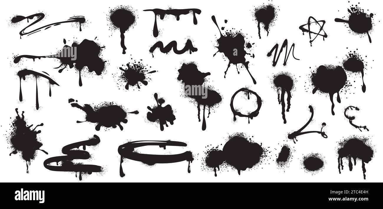 Set of black spray paint drips, lines and ink splatters. Blobs or stripes, inky blots with graffiti grunge texture. Strokes, brush stains with spatter and drops. Vector design elements in street style Stock Vector