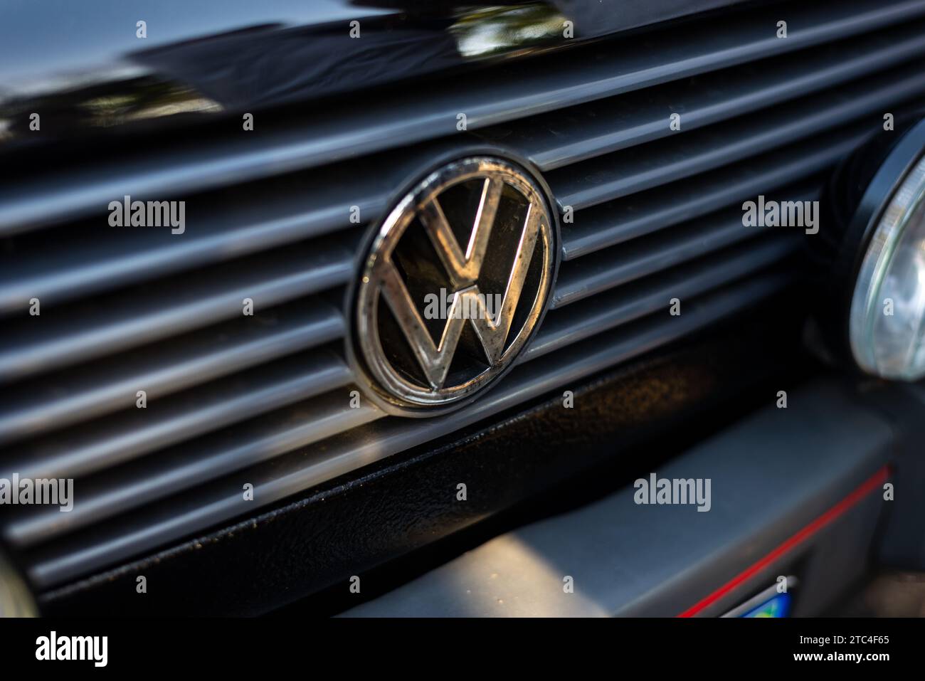 Salvador, Bahia, Brazil - December 02, 2023: Detail of the Volkswagen symbol on a vintage car on display in the city of Salvador, Bahia. Stock Photo