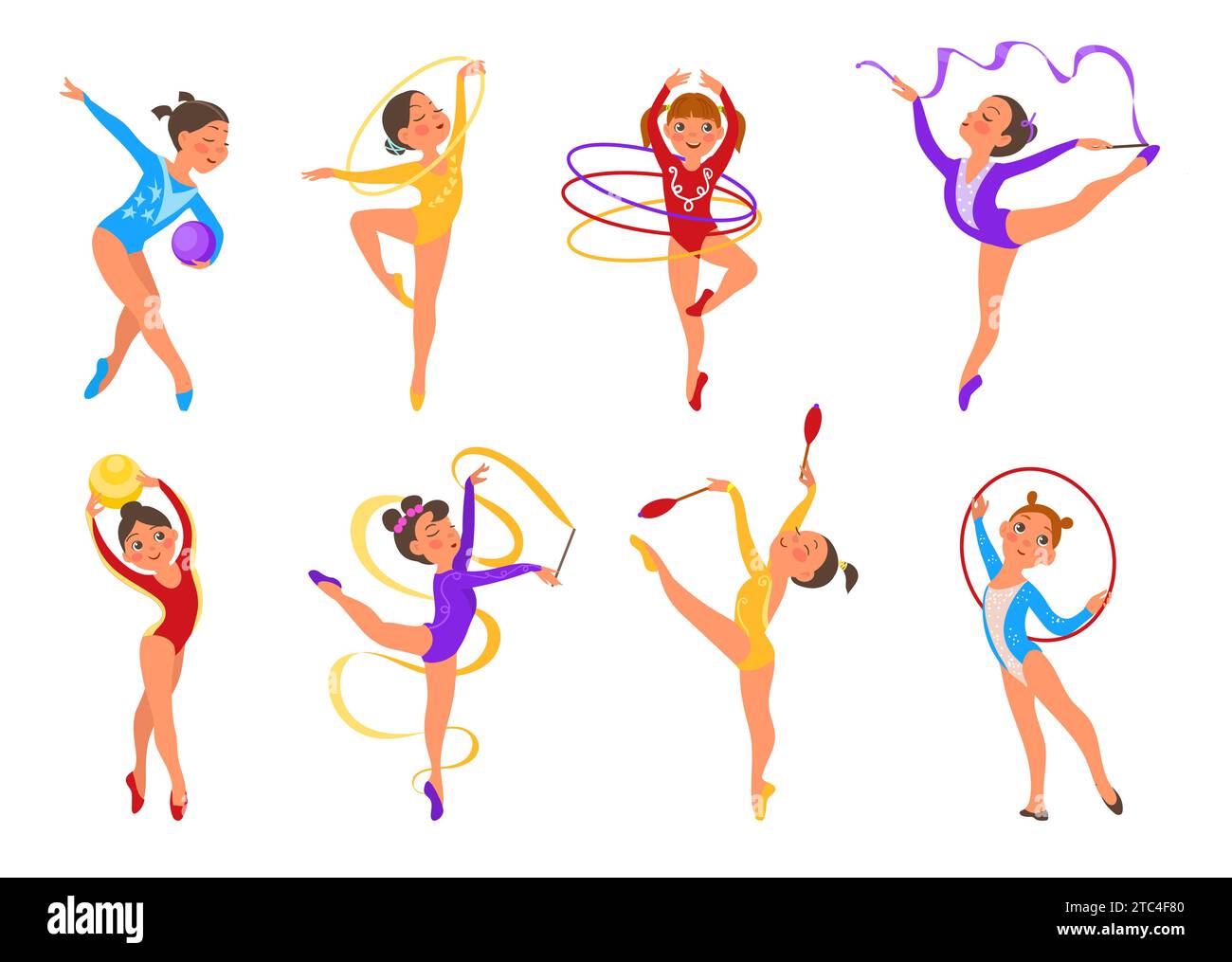 Vector set of rhythmic gymnastics. Cartoon girl with the ball