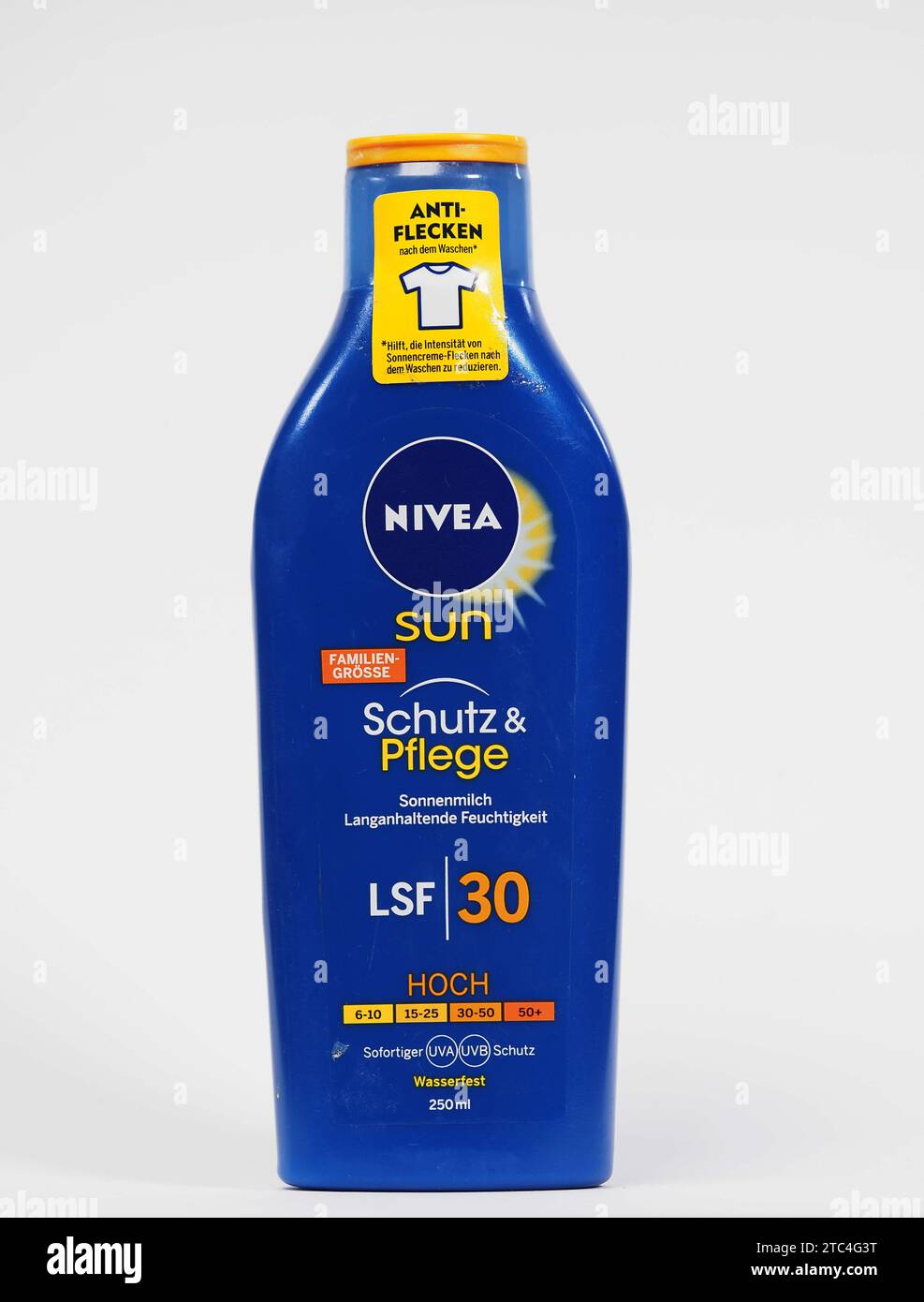 Bavaria, Germany - December 10, 2023: In this photoillustration, NIVEA Sun Sonnenmilch white background. Stock Photo