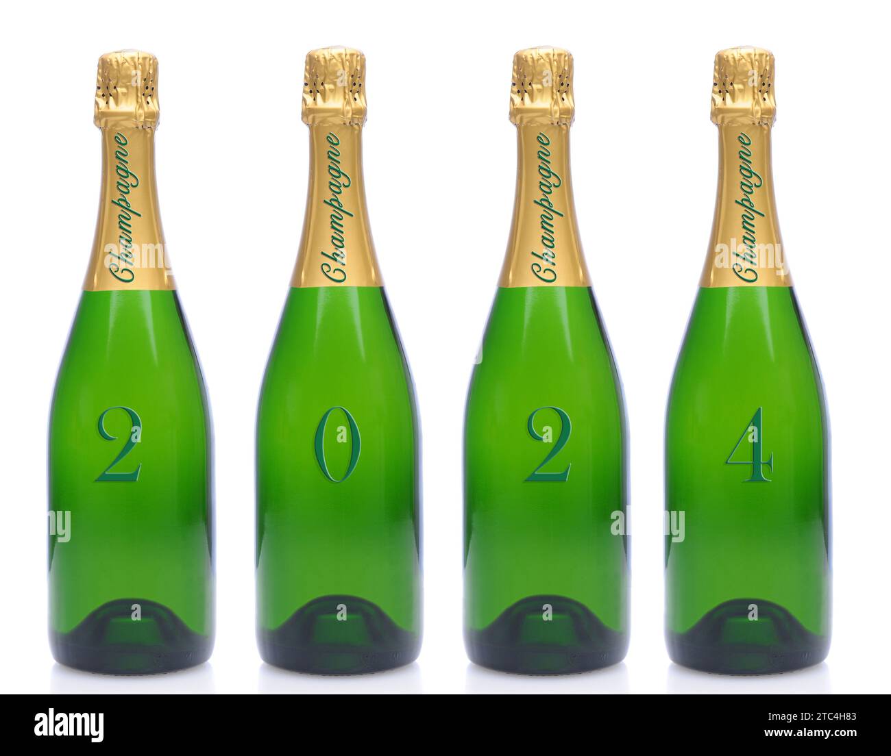 New Years Concept. 4 Bottles of Champagne with the date 2024 one number per bottle, over a white background. Stock Photo