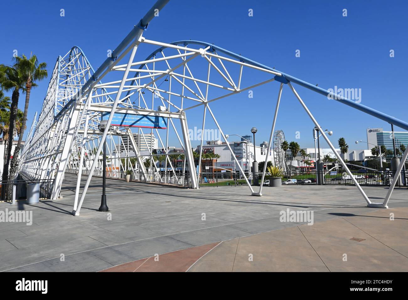 LONG BEACH, CALIFORNIA - 6 DEC 2023: The Pike Outlets seen from the pedestrian bridge over Shoreline Drive, that mimics the old Cyclone Rollercoaster. Stock Photo