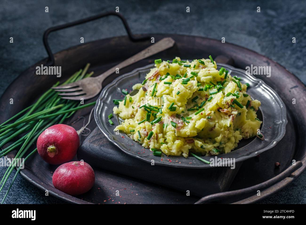Rustic mashed potato with spring onion on vintage plate Stock Photo Alamy