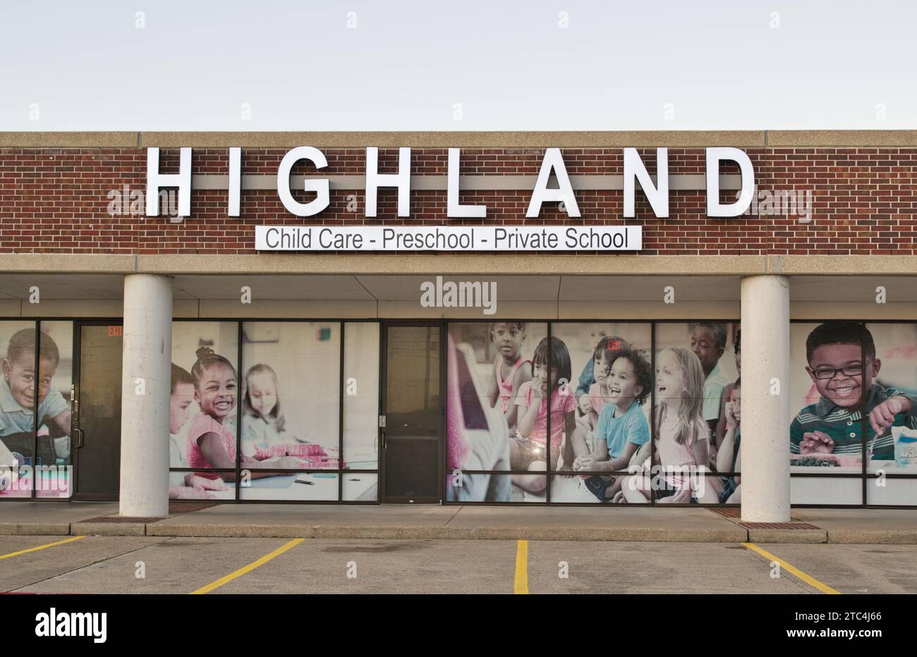 Houston, Texas USA 12-10-2023: Highland preschool and child care business storefront in Houston, TX. Private tuition for preschooler education. Stock Photo