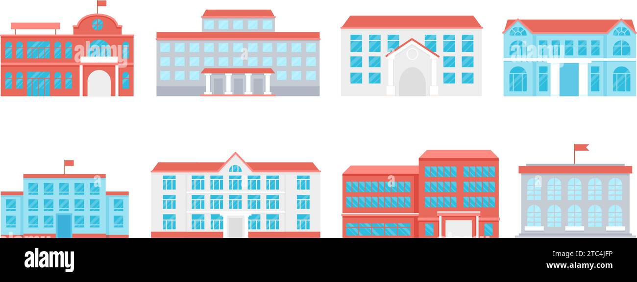 Flat public school buildings icons. Urban education center, university or college building. City architecture graphic decent vector collection Stock Vector