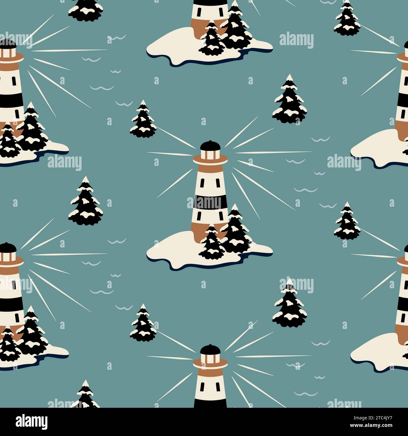 Lighthouse nautical seamless pattern. Seaside landscape illustration background. Stock Vector