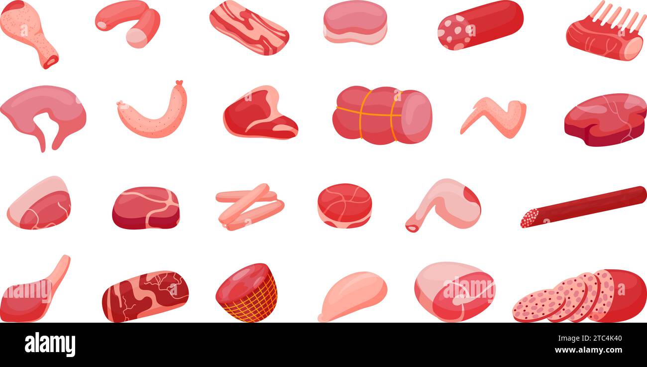 Meat and sausage cartoon fresh farm goods. Butchery shop or steakhouse