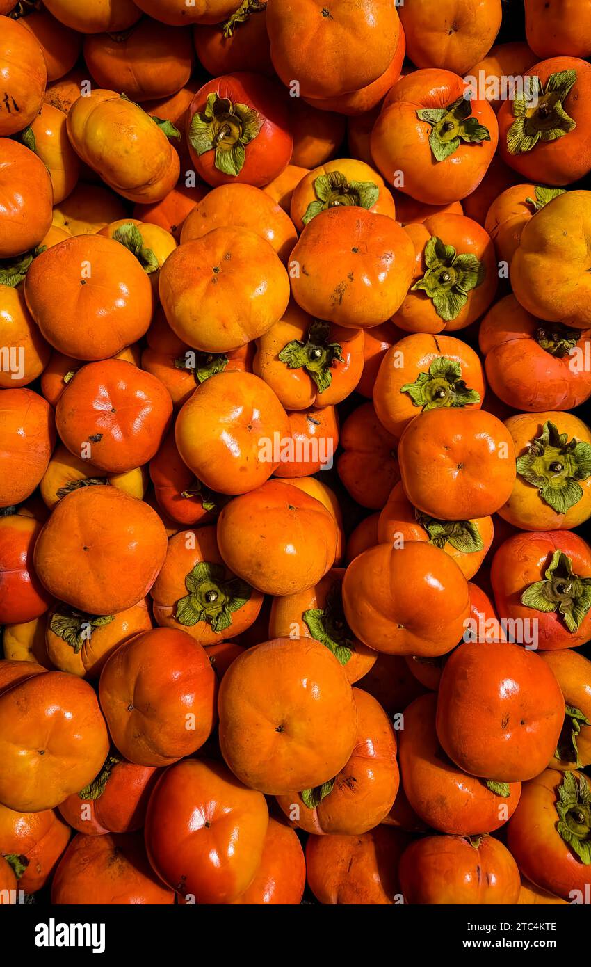 Harvest of ripe whole persimmons Stock Photo
