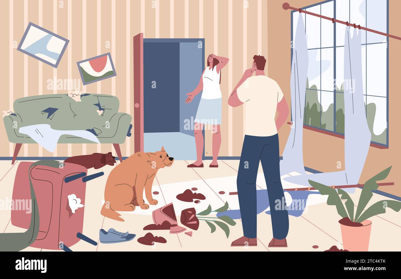 Puppy destroying home. Young dog in naughty room and surprised owners. Pet damaged furniture and accessories, behavior problems kicky vector scene Stock Vector