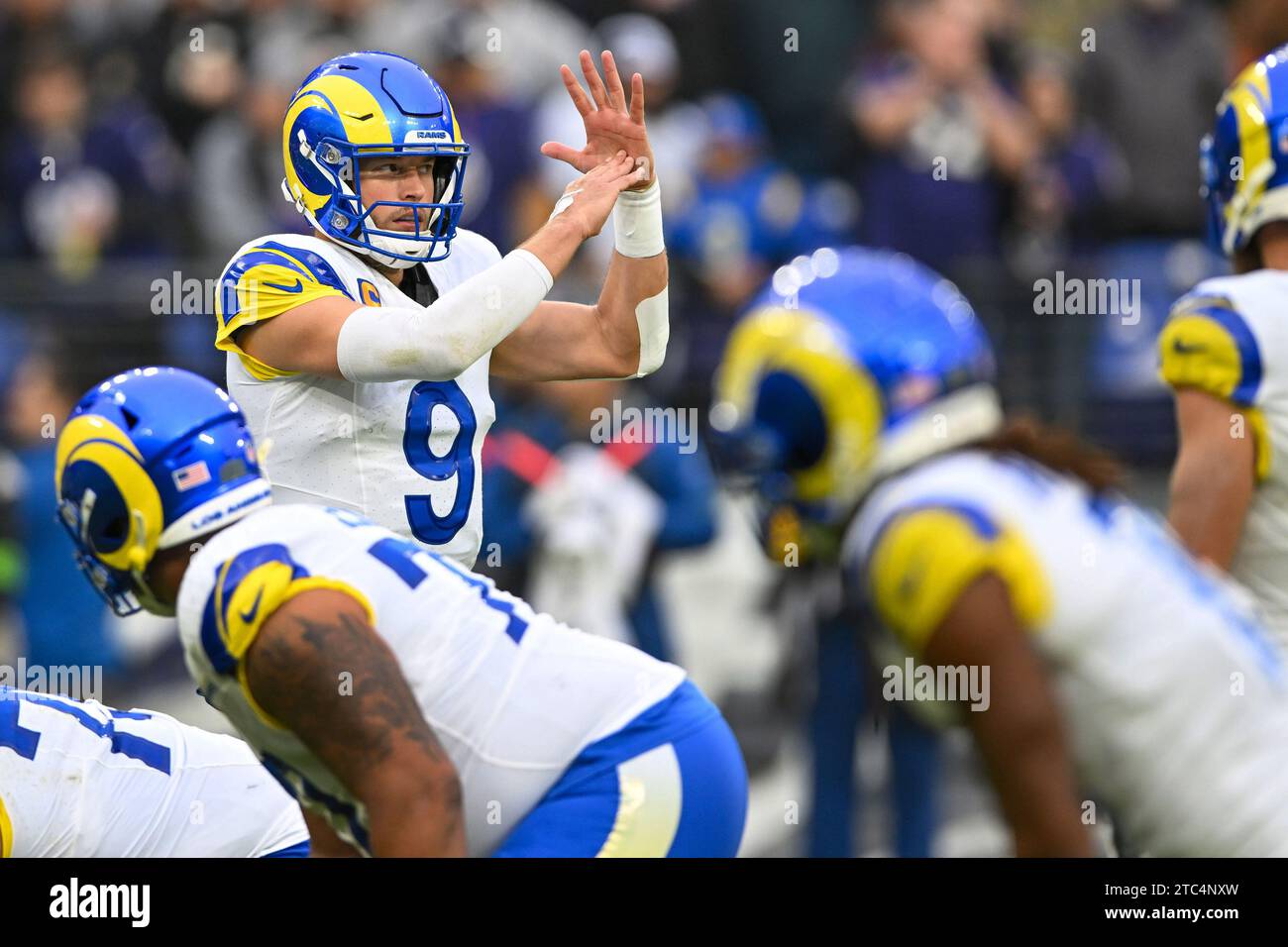 Baltimore, United States. 10th Dec, 2023. Los Angeles Rams quarterback Matthew Stafford (9) calls for a time out against the Baltimore Ravens during the first half at M&T Bank Stadium in Baltimore, Maryland, on Sunday, December 10, 2023. Photo by David Tulis/UPI Credit: UPI/Alamy Live News Stock Photo