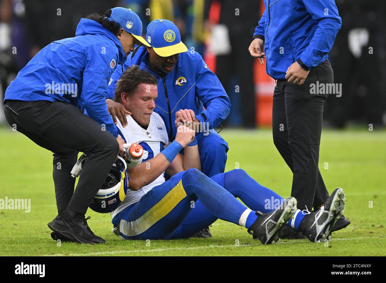 Baltimore, United States. 10th Dec, 2023. Los Angeles Rams tight end Hunter Long (84) is injured during the first half of a game against the Baltimore Ravens at M&T Bank Stadium in Baltimore, Maryland, on Sunday, December 10, 2023. Photo by David Tulis/UPI Credit: UPI/Alamy Live News Stock Photo