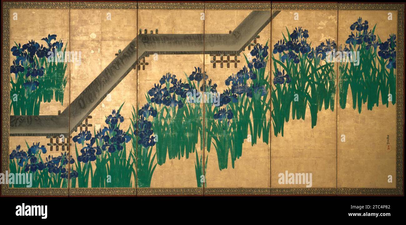 Irises at Yatsuhashi (Eight Bridges) 1953 by Ogata Korin Stock Photo