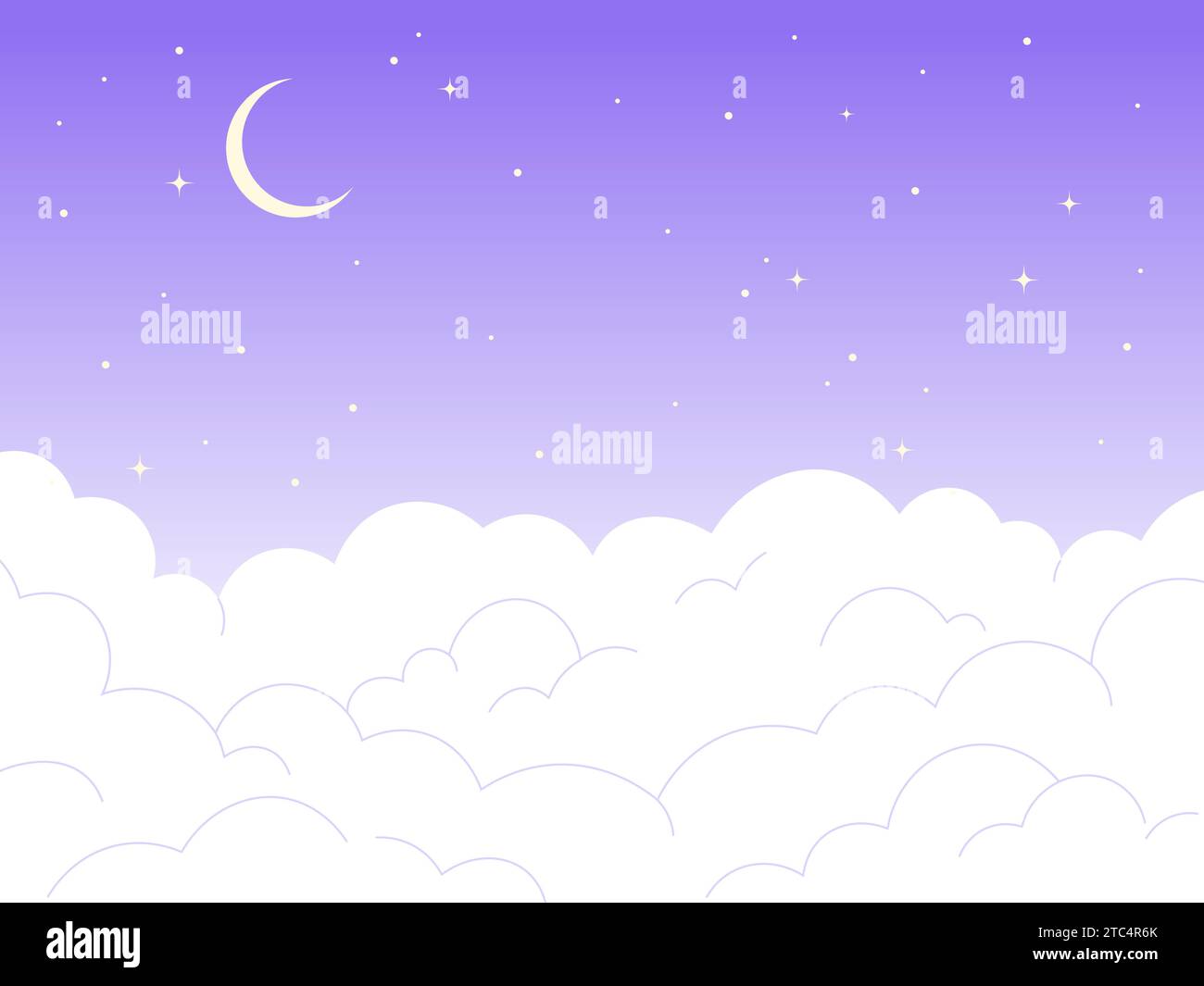 Night sky cartoon background. Evening landscape with crescent, shiny stars and clouds. Flat white cloud and moon, nature vector illustration Stock Vector