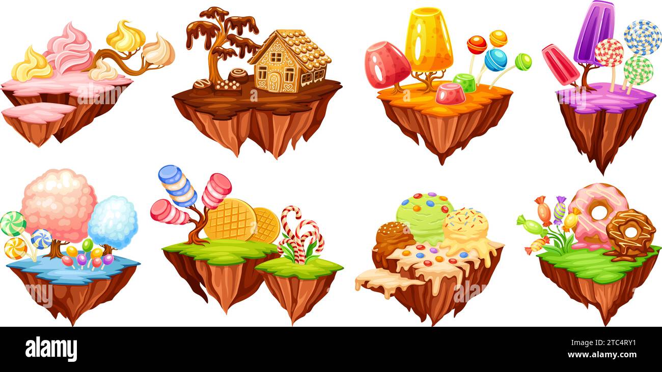 Candy islands. Flying sweet island, floating fantasy land with sweets