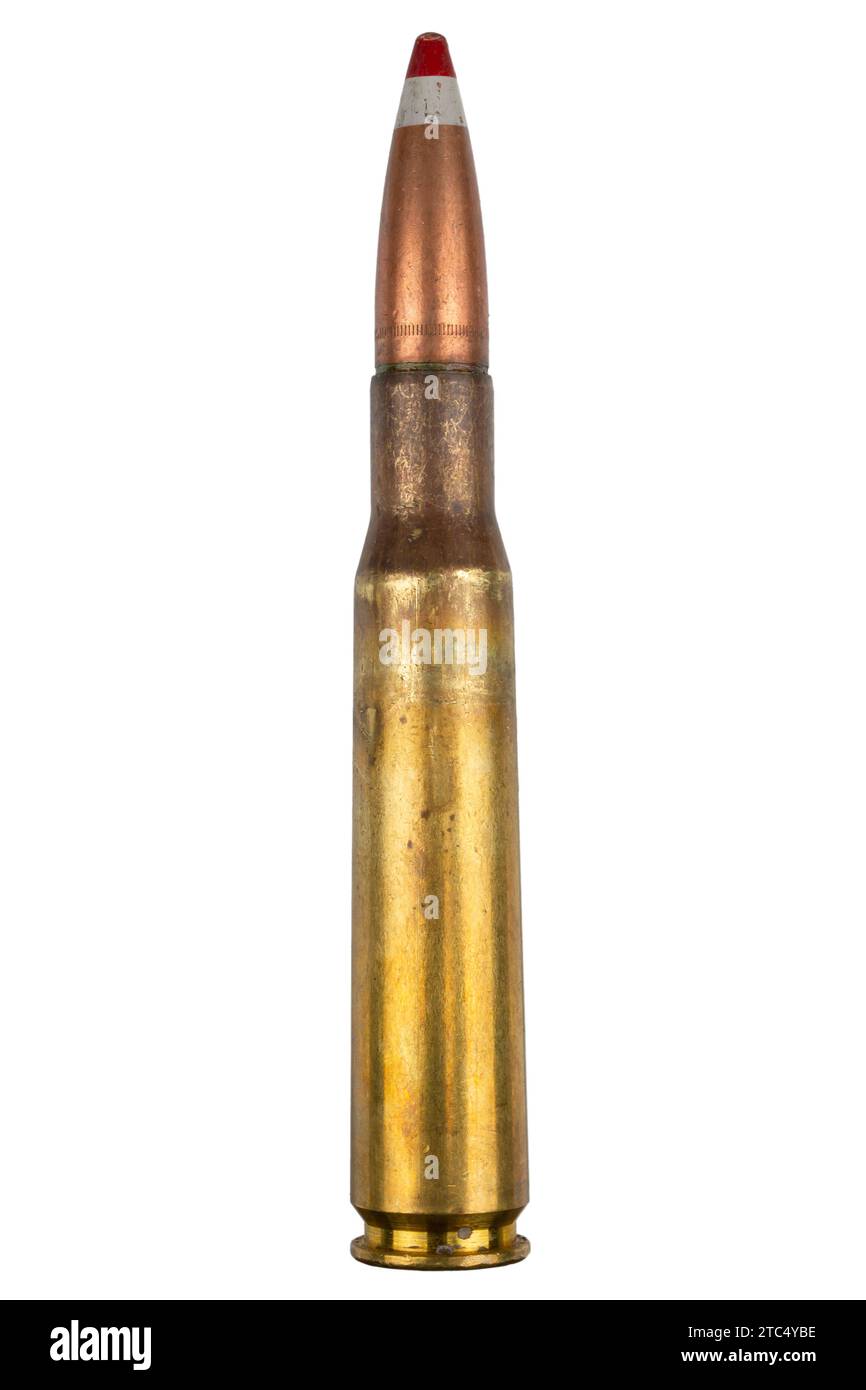 The .50 in (12.7 mm) Browning Machine Gun, also known as the .50 BMG, 12.7×99mm NATO cartridge. Armor-piercing incendiary tracer (API-T), M20. Isolate Stock Photo