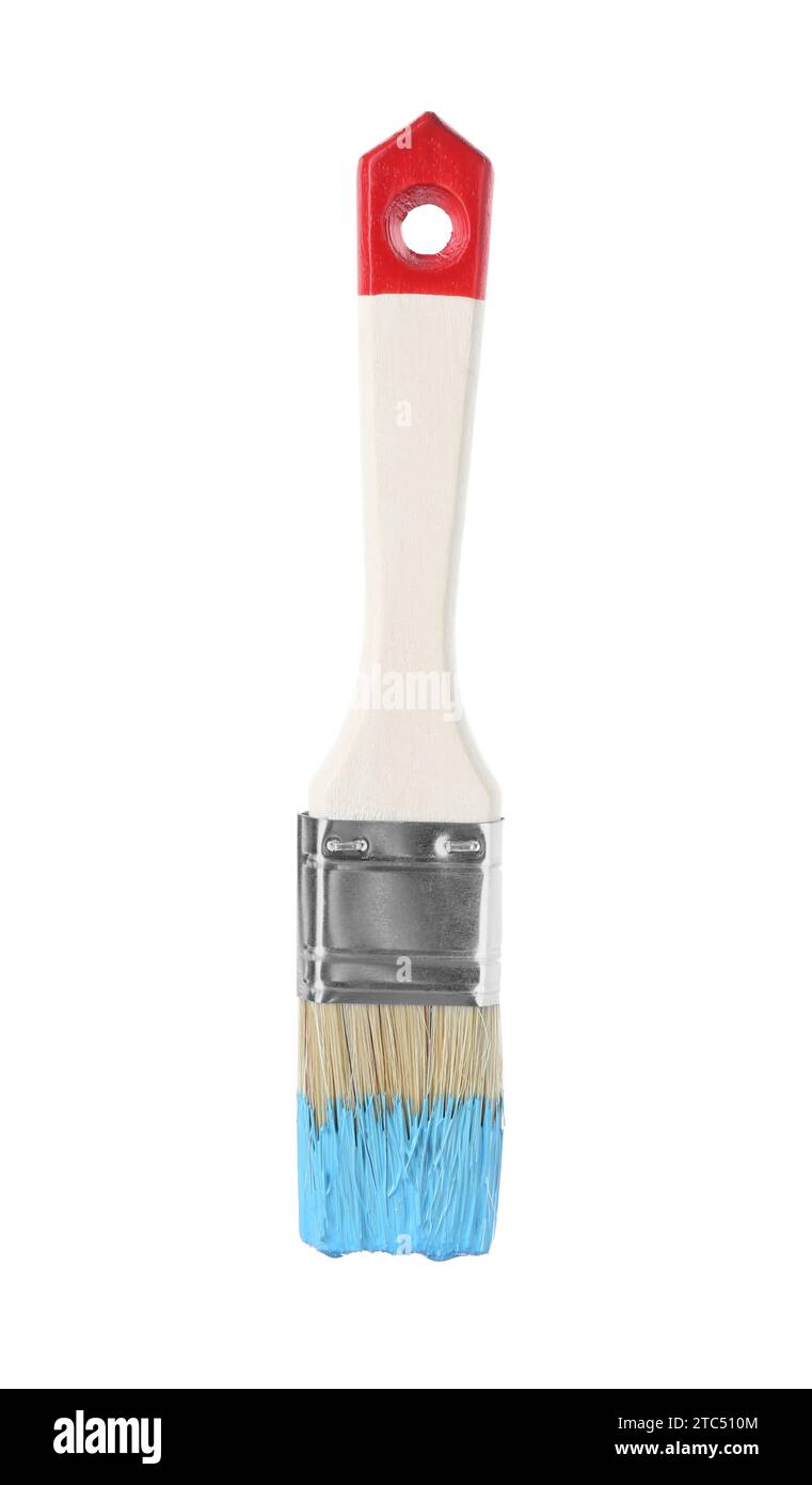 Brush with light blue paint isolated on white Stock Photo - Alamy