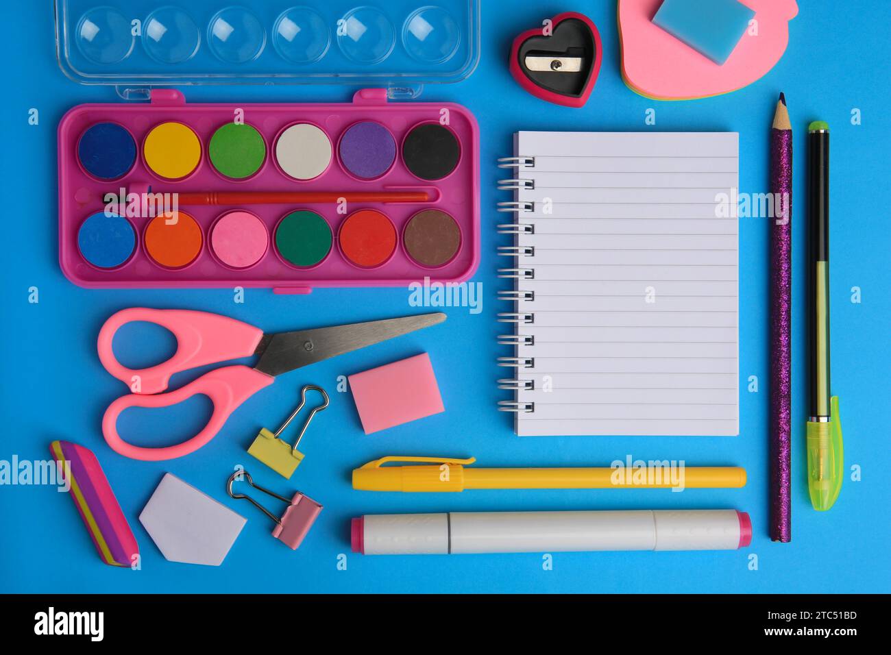Flat lay composition with blank notebook and other school stationery on ...